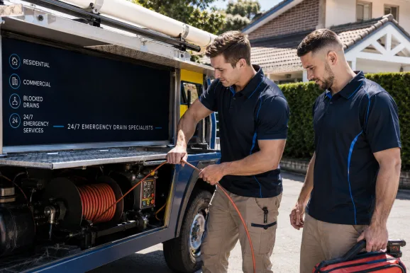 Two plumbers working on a blocked drain in Dulwich Hill