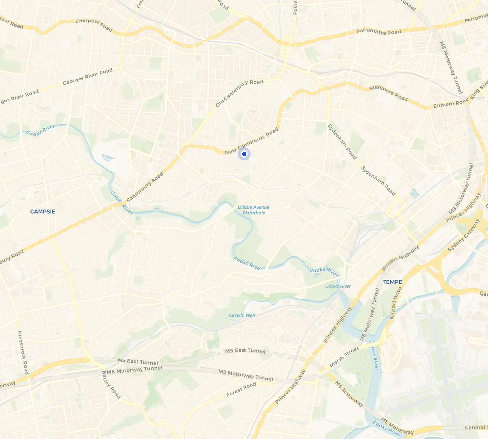 Map of the Dulwich Hill service area and the surrounding Inner West, showing Dulwich Hill and the nearby streets we cover.