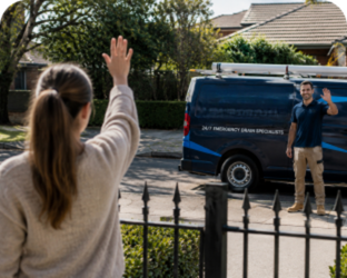 Customer waving goodbye to a Dulwich Hill Blocked Drains plumber