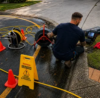 Cured-in-place pipe liner being installed in an existing drain